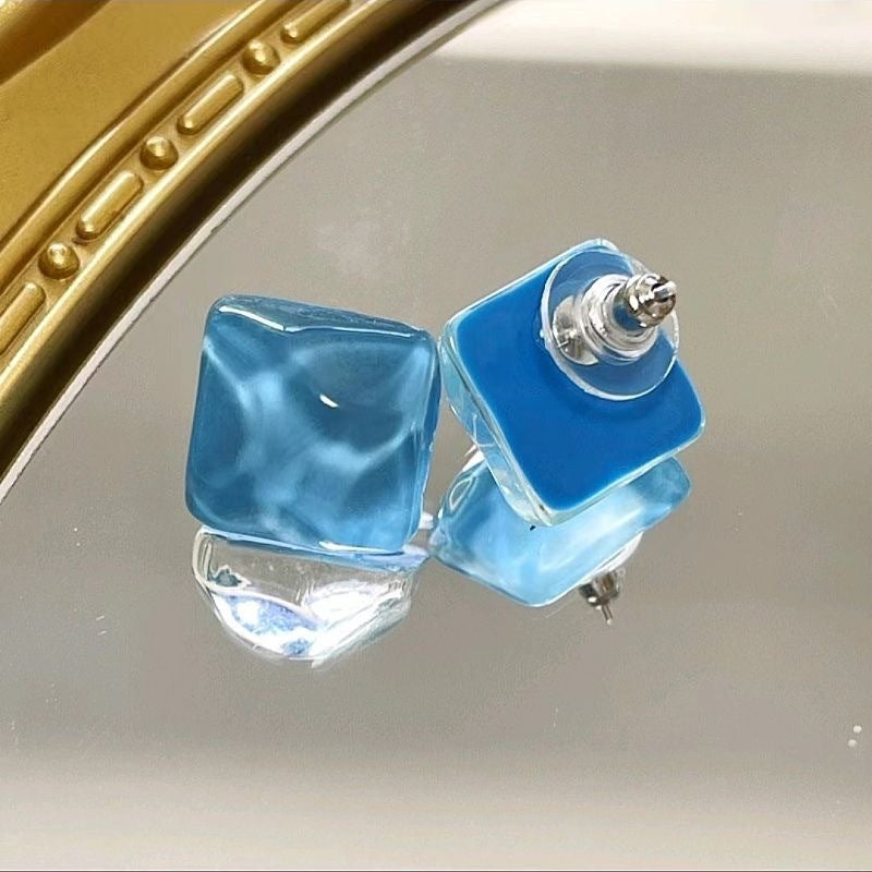 Geometric Square Water Ripple Blue Earrings