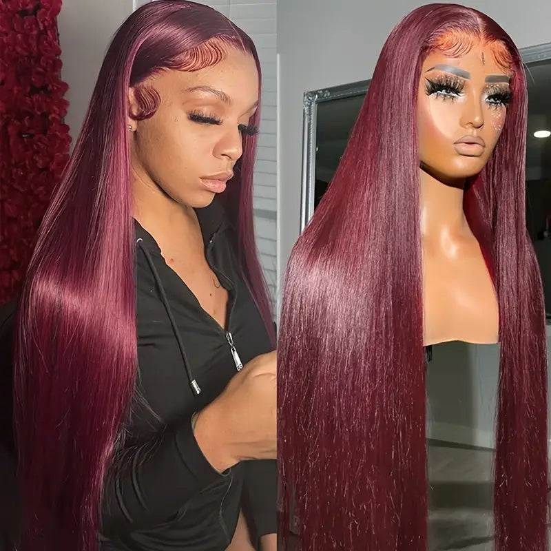 High Temperature Resistant Burgundy Long Straight Lace Non-toxic Wig, Pre-dial Hairline, Non-adhesive, Heat-resistant Synthetic Fiber,