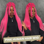 40 Inch Hot Pink Transparent Lace Front Wig Human Hair 13x6