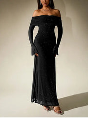 Sequin Bell Sleeve Off Shoulder Dress - NewAsia