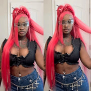40 Inch Hot Pink Transparent Lace Front Wig Human Hair 13x6