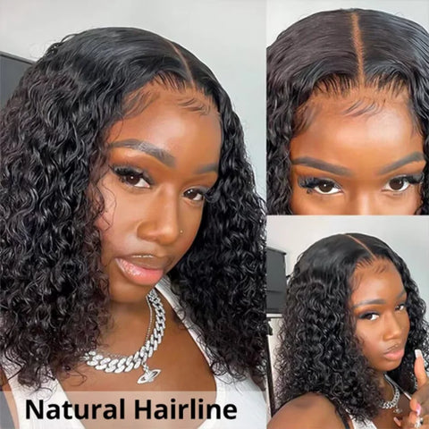 200% Density 14 Inch Curly Short Bob Wig Human Hair Bob Wigs Deep Wave 13x4 HD Lace Closure