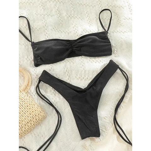 String Bikini Set Sexy Swimwear Women Swimsuit Black Color Beachwear High Cut Bikinis Push Up Bathing Suits Bandage Swimsuits