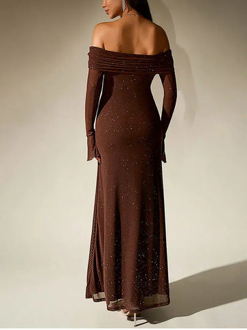Sequin Bell Sleeve Off Shoulder Dress - NewAsia