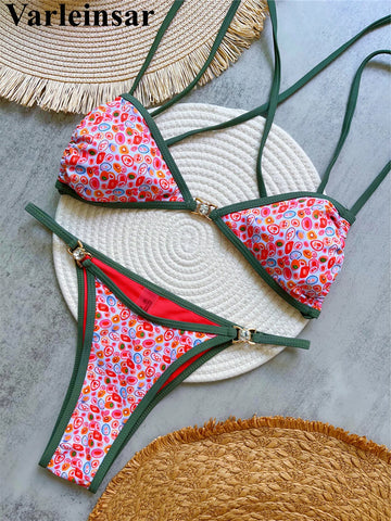 Printed Diamond Rhinestones High Cut Bikini Women Swimwear