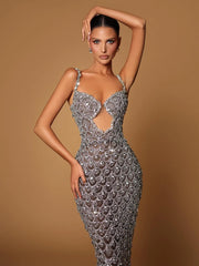 VC Sexy Deep V Plunge Neck Backless Sequins Mesh Sparkly Silver Maxi Long Dress