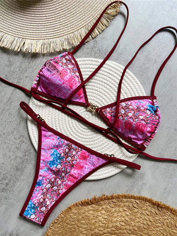 Printed Diamond Rhinestones High Cut Bikini Women Swimwear