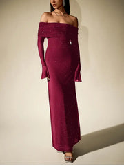 Sequin Bell Sleeve Off Shoulder Dress - NewAsia