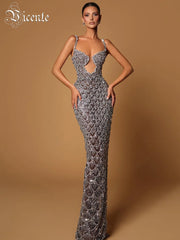 VC Sexy Deep V Plunge Neck Backless Sequins Mesh Sparkly Silver Maxi Long Dress