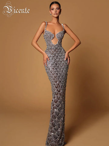 VC Sexy Deep V Plunge Neck Backless Sequins Mesh Sparkly Silver Maxi Long Dress