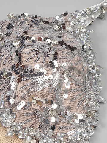 VC Sexy Deep V Plunge Neck Backless Sequins Mesh Sparkly Silver Maxi Long Dress