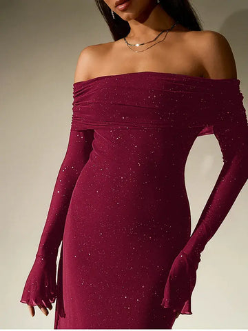 Sequin Bell Sleeve Off Shoulder Dress - NewAsia