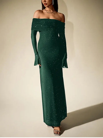 Sequin Bell Sleeve Off Shoulder Dress - NewAsia