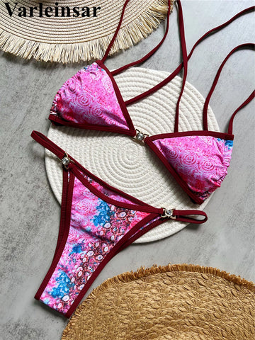 Printed Diamond Rhinestones High Cut Bikini Women Swimwear