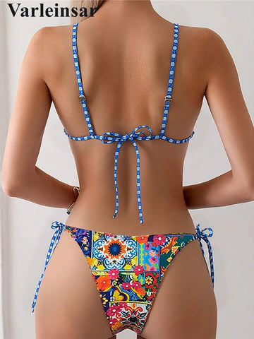 S - XL Flowers Printed U Neck Strappy Bikini Women Swimwear