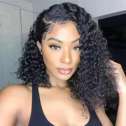 200% Density 14 Inch Curly Short Bob Wig Human Hair Bob Wigs Deep Wave 13x4 HD Lace Closure