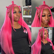 40 Inch Hot Pink Transparent Lace Front Wig Human Hair 13x6