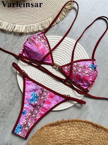 Printed Diamond Rhinestones High Cut Bikini Women Swimwear