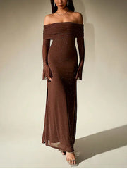 Sequin Bell Sleeve Off Shoulder Dress - NewAsia