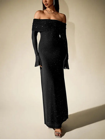 Sequin Bell Sleeve Off Shoulder Dress - NewAsia