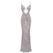 VC Sexy Deep V Plunge Neck Backless Sequins Mesh Sparkly Silver Maxi Long Dress