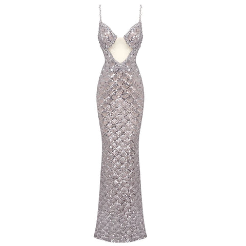 VC Sexy Deep V Plunge Neck Backless Sequins Mesh Sparkly Silver Maxi Long Dress