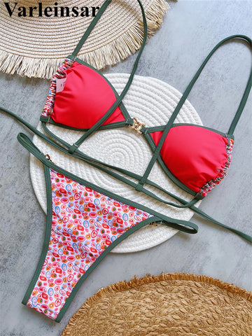 Printed Diamond Rhinestones High Cut Bikini Women Swimwear