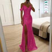 Women Elegant Shiny Sequin Solid Long Dress