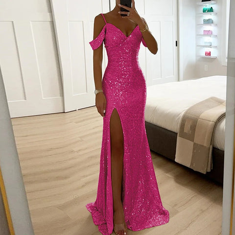 Women Elegant Shiny Sequin Solid Long Dress
