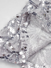 VC Sexy Deep V Plunge Neck Backless Sequins Mesh Sparkly Silver Maxi Long Dress