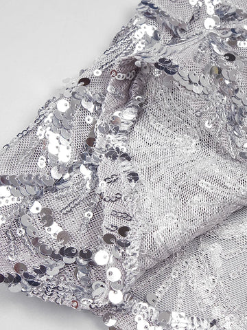 VC Sexy Deep V Plunge Neck Backless Sequins Mesh Sparkly Silver Maxi Long Dress