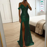 Women Elegant Shiny Sequin Solid Long Dress