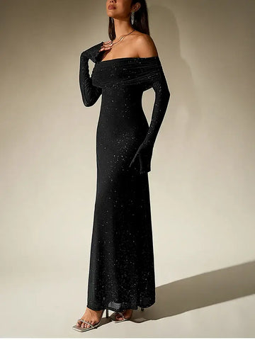 Sequin Bell Sleeve Off Shoulder Dress - NewAsia
