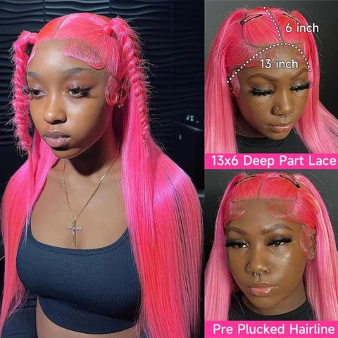 40 Inch Hot Pink Transparent Lace Front Wig Human Hair 13x6
