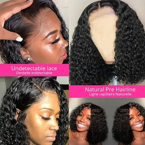 200% Density 14 Inch Curly Short Bob Wig Human Hair Bob Wigs Deep Wave 13x4 HD Lace Closure