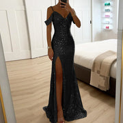 Women Elegant Shiny Sequin Solid Long Dress