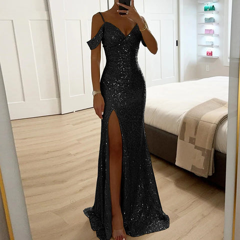 Women Elegant Shiny Sequin Solid Long Dress