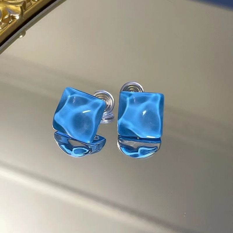 Geometric Square Water Ripple Blue Earrings