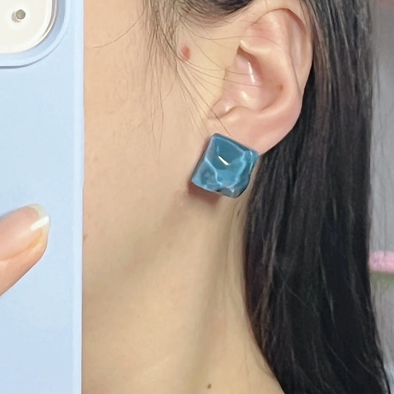 Geometric Square Water Ripple Blue Earrings