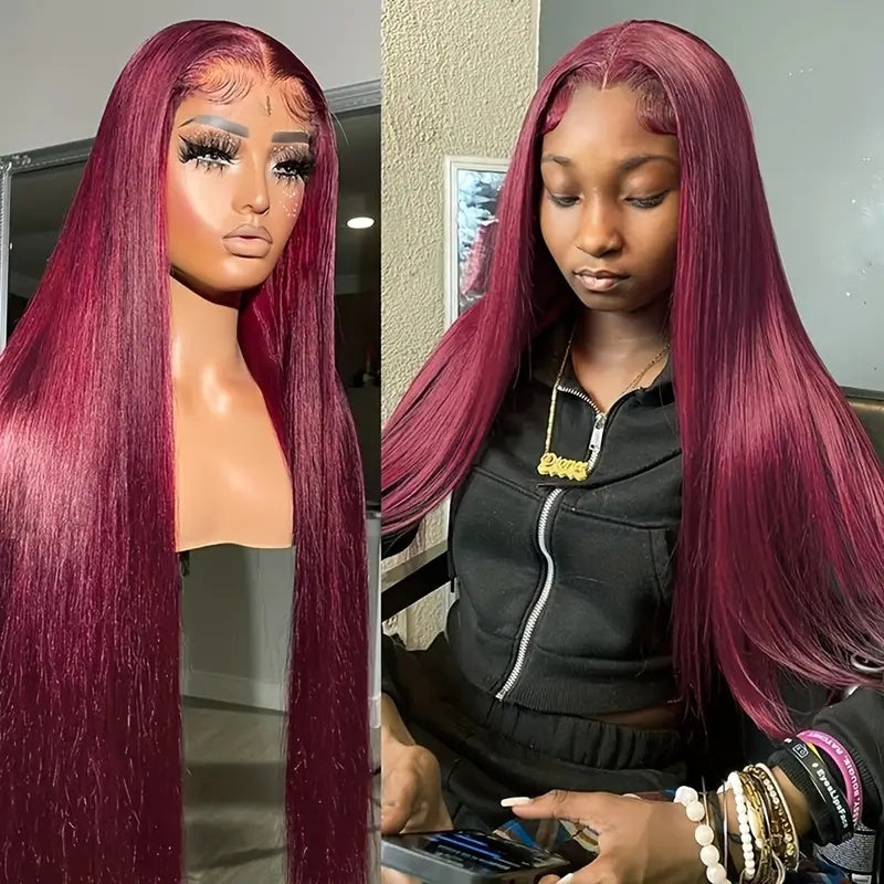 High Temperature Resistant Burgundy Long Straight Lace Non-toxic Wig, Pre-dial Hairline, Non-adhesive, Heat-resistant Synthetic Fiber,