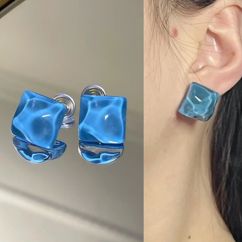 Geometric Square Water Ripple Blue Earrings